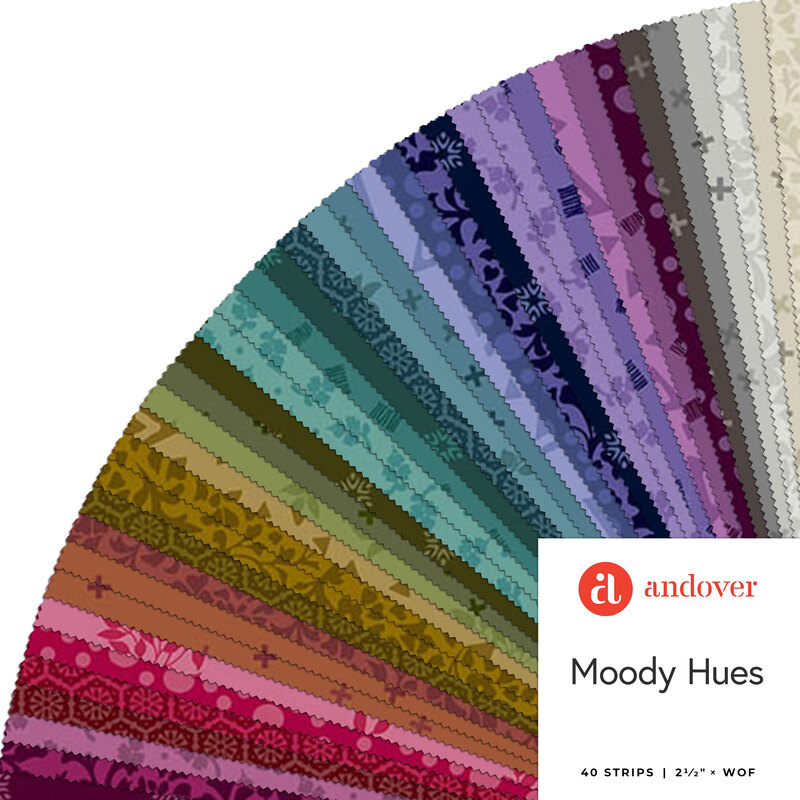 A fanned out collage of the fabrics featured in the Moody Hues strip pack, arranged in rainbow order.