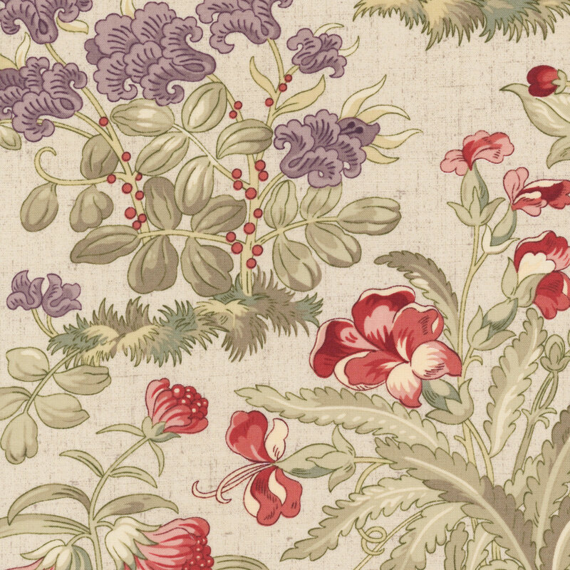 Floral pattern featuring red and pink flowers with green leaves on a beige background.