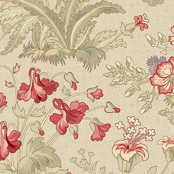 Floral pattern featuring red and pink flowers with green leaves on a beige background.