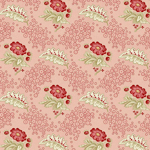 Textile pattern featuring red flowers and green leaves on a pink background, with decorative dots.