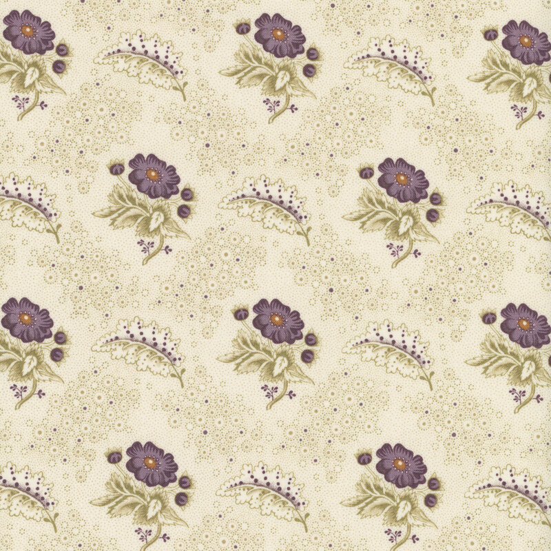 Pattern featuring purple flowers and green leaves on a light beige background.