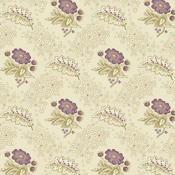 Pattern featuring purple flowers and green leaves on a light beige background.