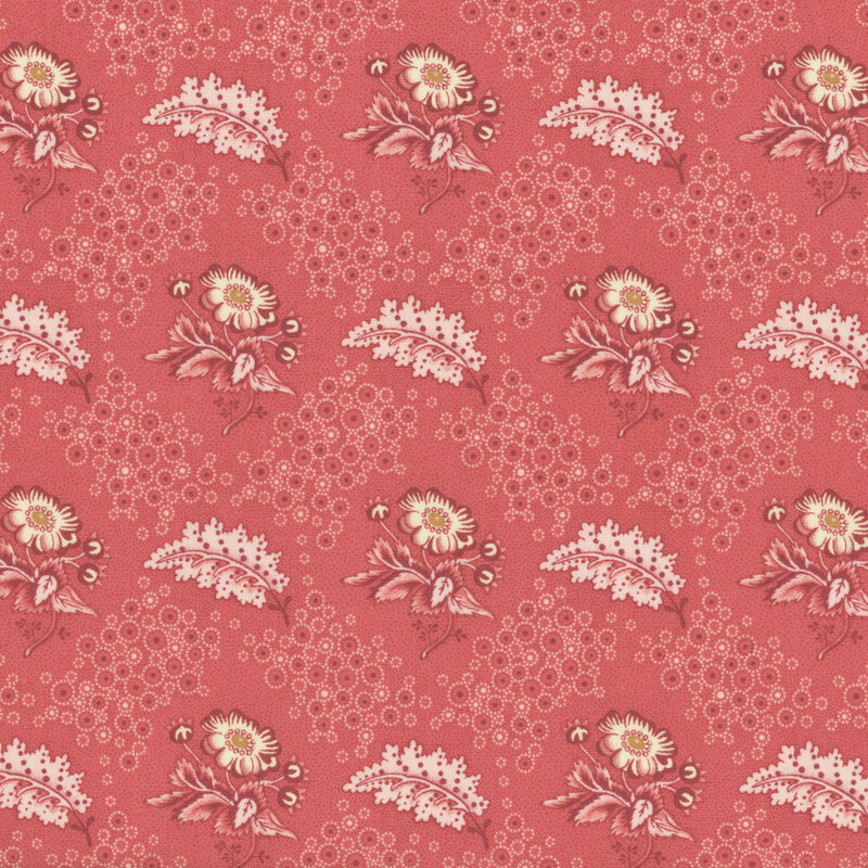 Red floral pattern on a textured red background, featuring leaves and circular shapes.