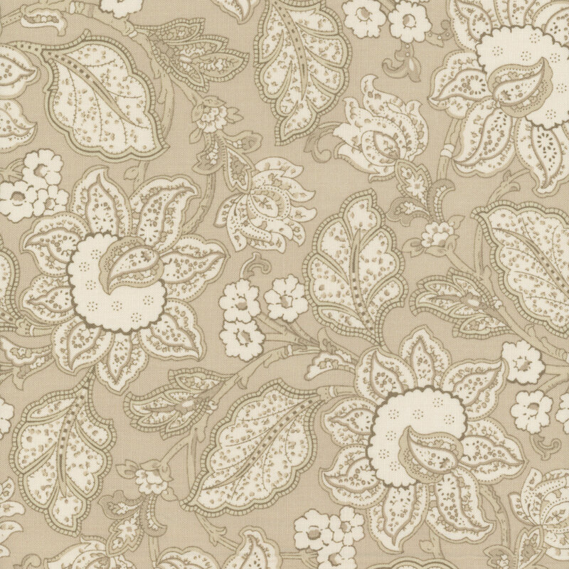 Floral pattern featuring large flowers and leaves in beige and cream tones.
