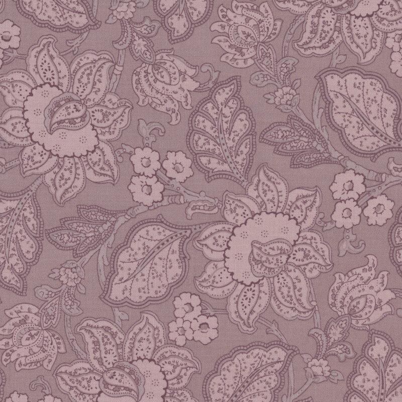 Lavender fabric with intricate floral and leaf patterns in shades of pink and white.