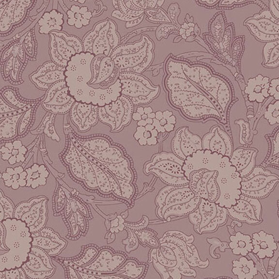 Lavender fabric with intricate floral and leaf patterns in shades of pink and white.