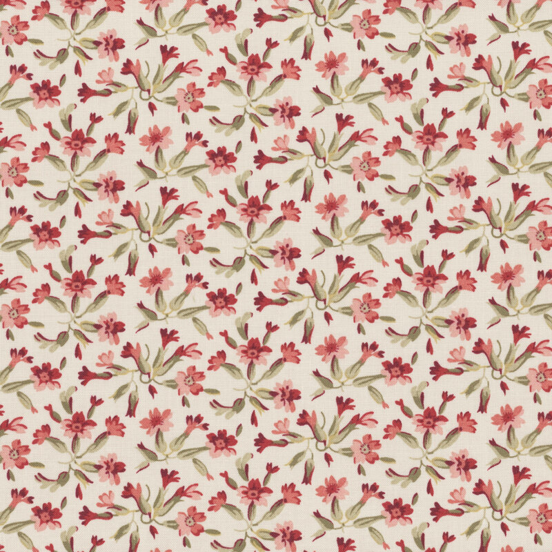 Repeating floral pattern featuring pink and red flowers on a light beige background.