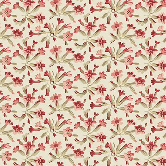 Repeating floral pattern featuring pink and red flowers on a light beige background.