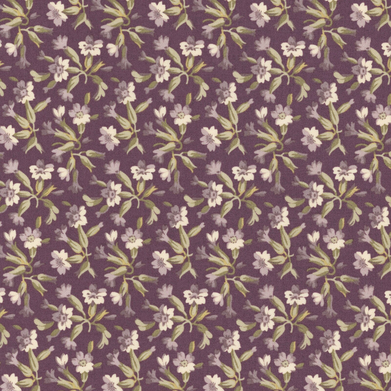 Repeating floral pattern in muted tones on a mauve background.