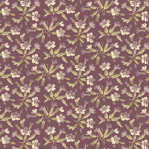 Repeating floral pattern in muted tones on a mauve background.