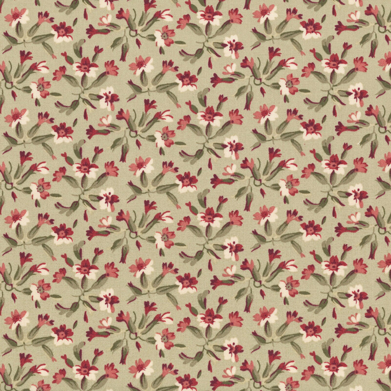 Floral pattern with red and pink flowers on a light green background.