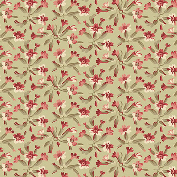 Floral pattern with red and pink flowers on a light beige background.