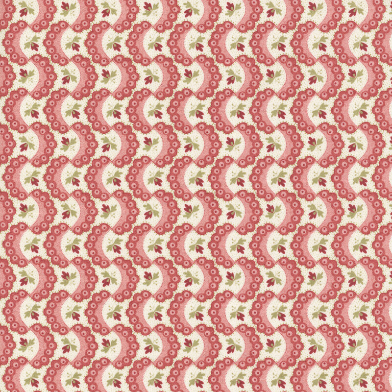 Repeating pattern of curved shapes in pink and cream with floral accents on a light background.