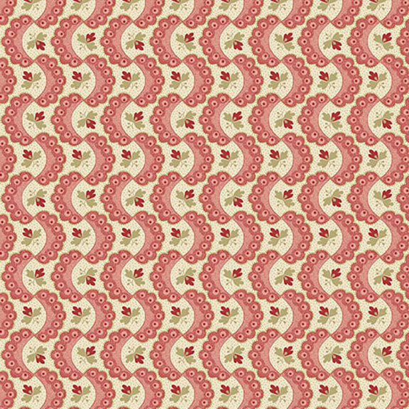 Repeating pattern of curved shapes in pink and cream with floral accents on a light background.