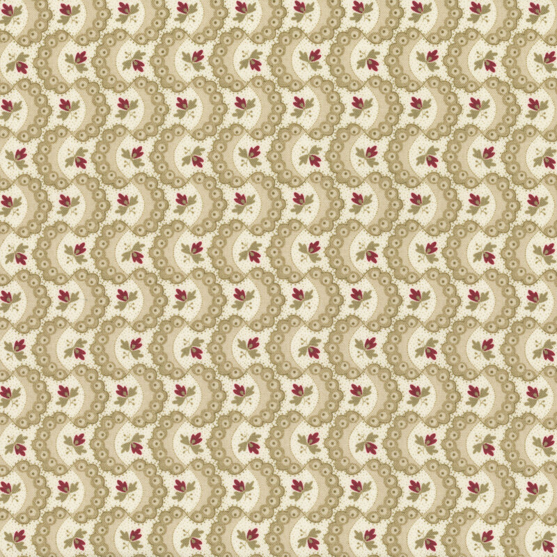 Repeating fabric pattern featuring swirling shapes in light beige with small red floral elements.