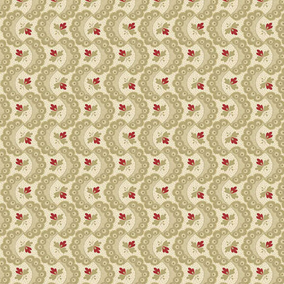 Repeating fabric pattern featuring swirling shapes in light beige with small red floral elements.