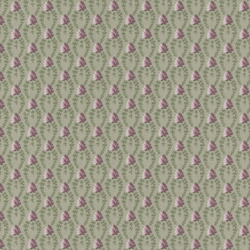 Repeating floral pattern with pink flowers on a muted green background.
