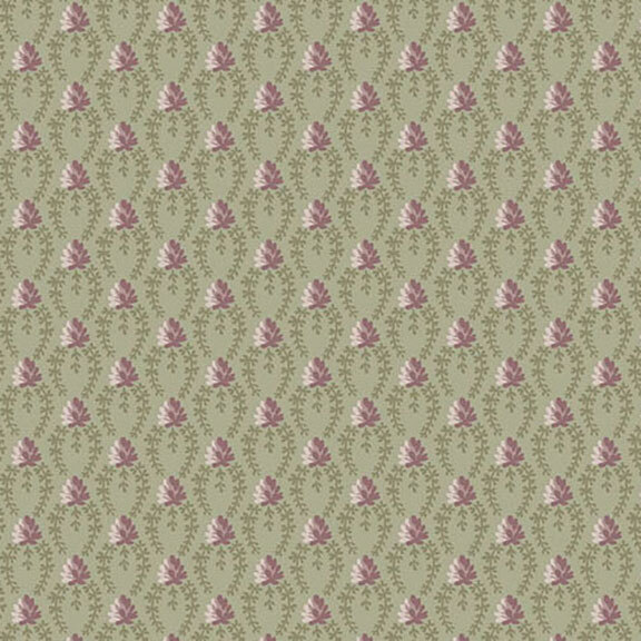 Repeating floral pattern with pink flowers on a muted green background.