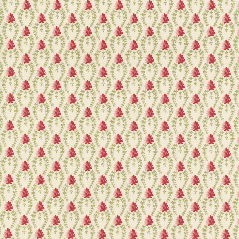 Pattern of small red flowers surrounded by green leaves on a light beige fabric..