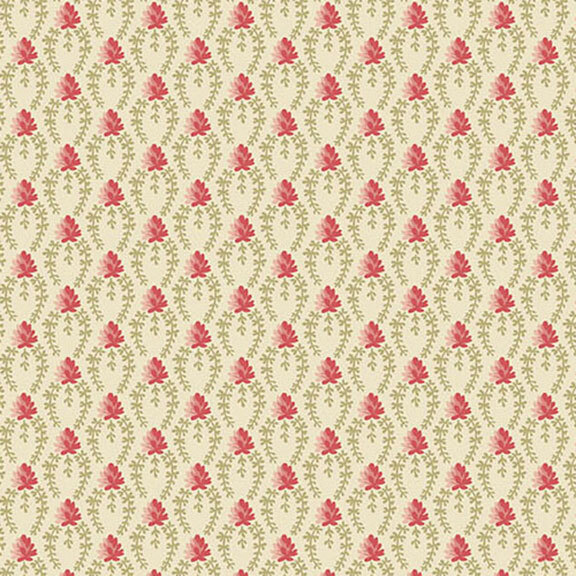 Pattern of small red flowers surrounded by green leaves on a light beige fabric..