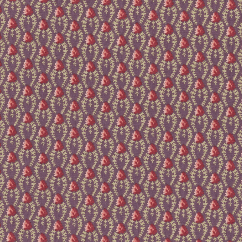 Repeating floral pattern with red flowers and green leaves on a dark purple fabric.