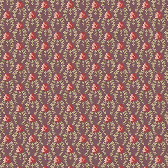 Repeating floral pattern with red flowers and green leaves on a dark purple fabric.
