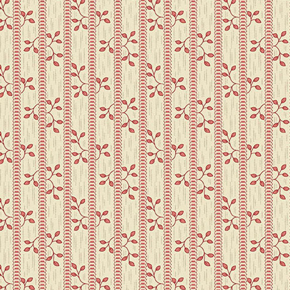 Repeating stripe pattern on a tan fabric with red vines and leaves.