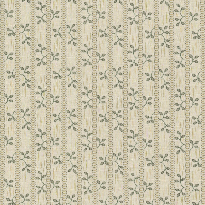 green fabric featuring a vertical striped pattern with subtle green leves motifs.