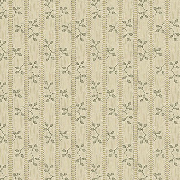 green fabric featuring a vertical striped pattern with subtle green leves motifs.
