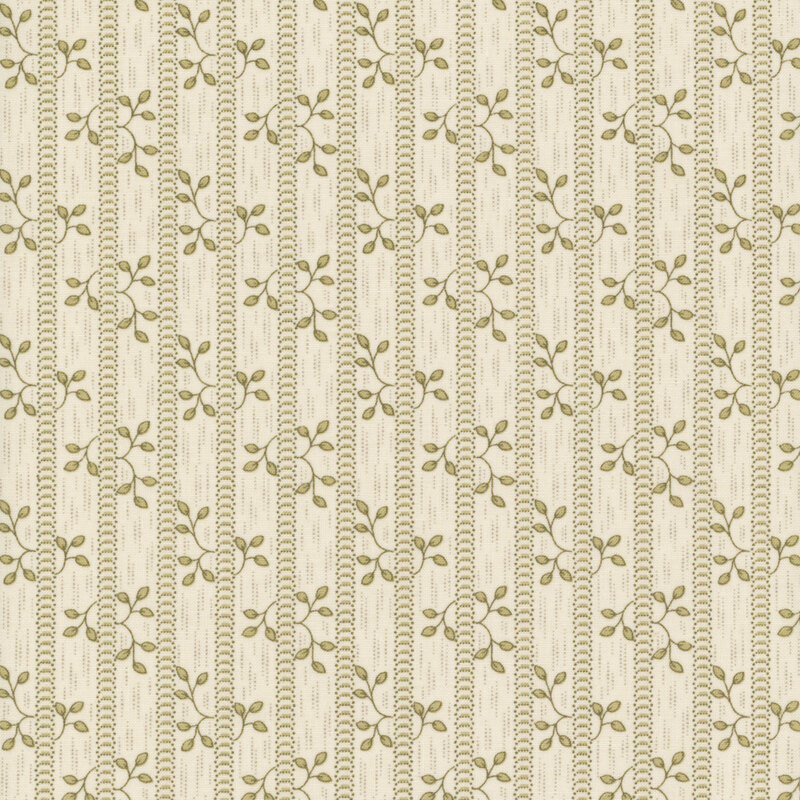A repeating pattern of delicate stripes and leaves on a light beige fabric.