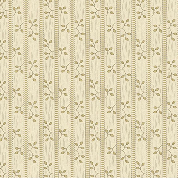 A repeating pattern of delicate stripes and leaves on a light beige fabric.