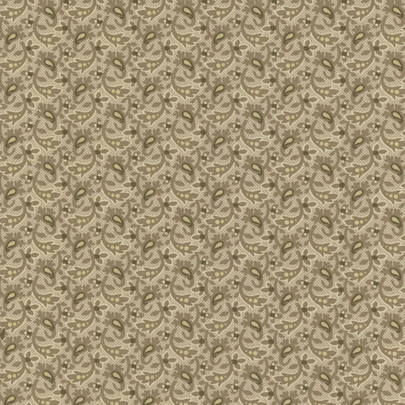 Repeating floral and paisley pattern in beige and gold tones on a textured background.