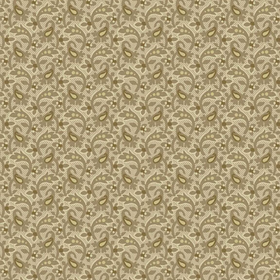 Repeating floral and paisley pattern in beige and gold tones on a textured background.
