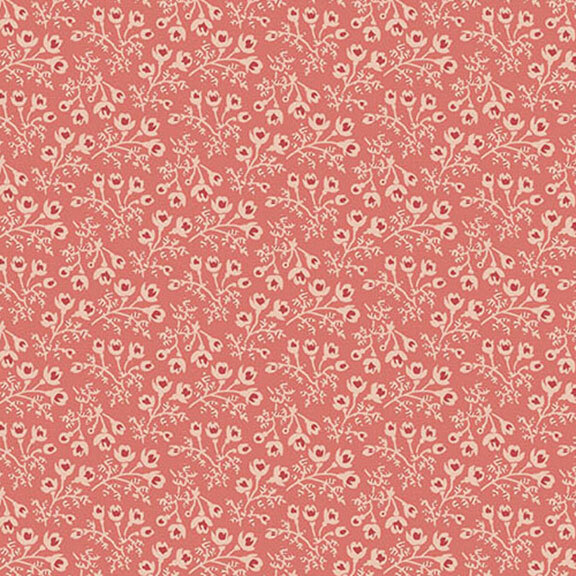 A coral fabric featuring a delicate floral pattern with pink flowers and leaves.