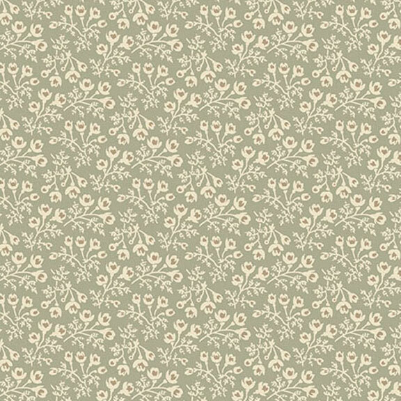 Floral pattern with small beige flowers and leaves on a muted green fabric.