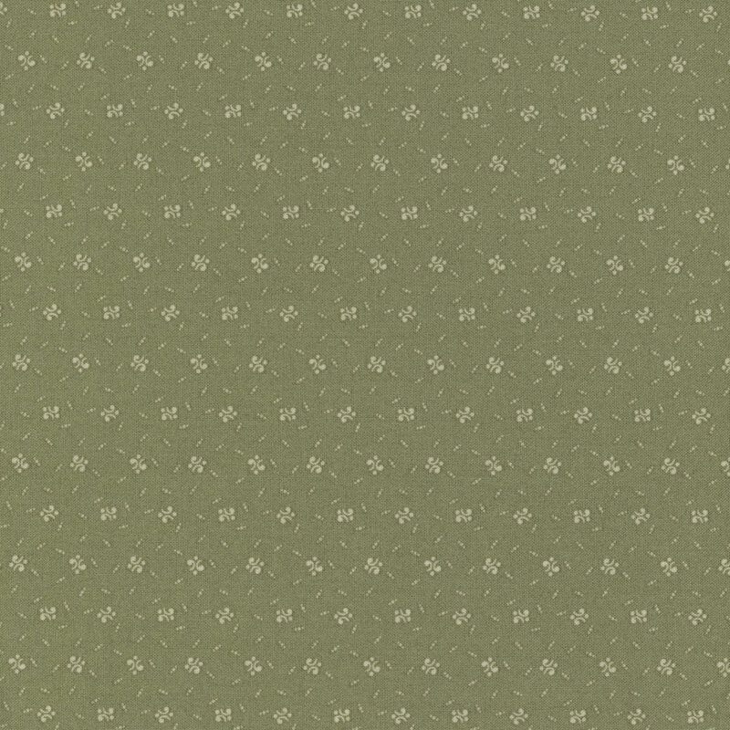 Fabric in muted olive green with small tonal calico designs.