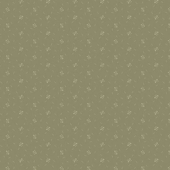 Fabric in muted olive green with small tonal calico designs.