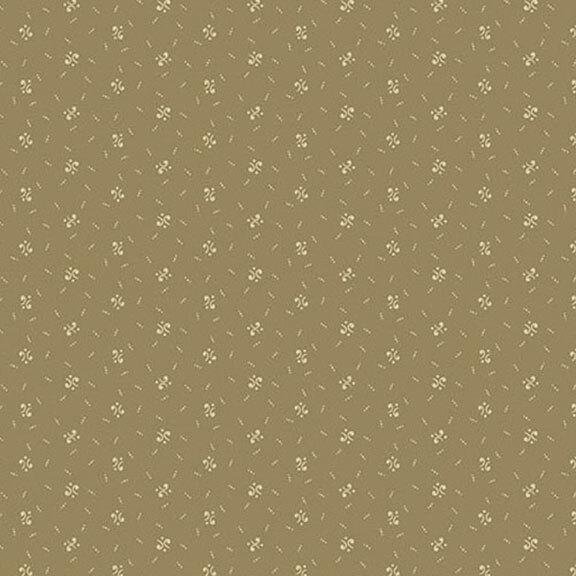 A khaki green fabric featuring a subtle pattern of small calico designs in a lighter shade.