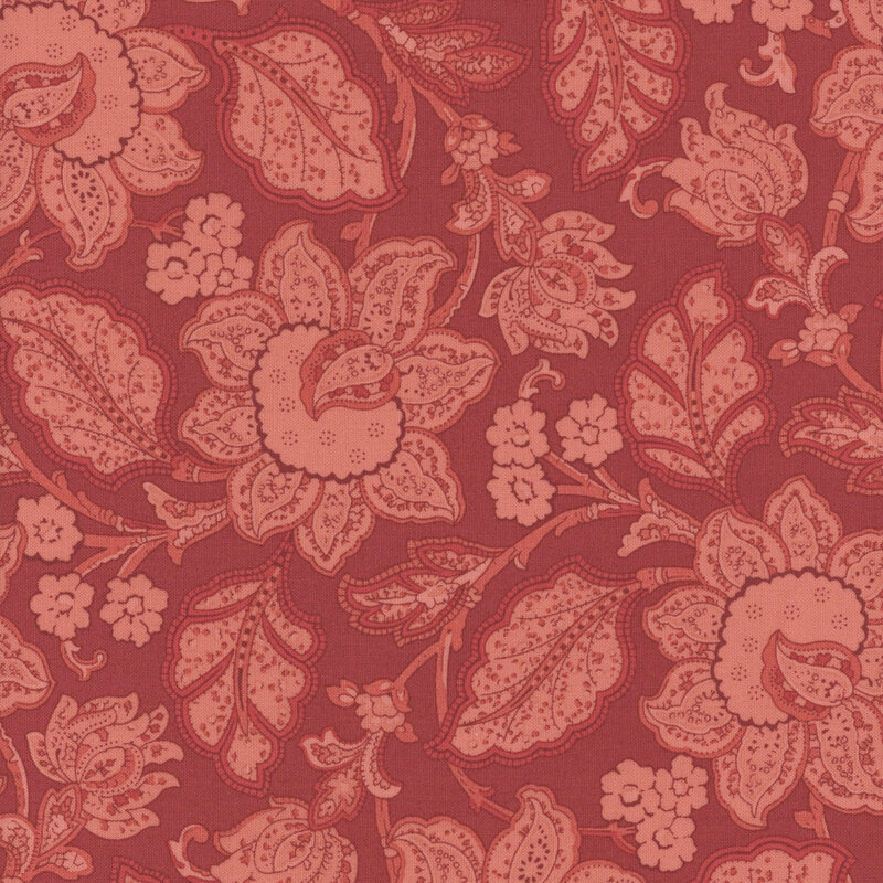 A floral pattern featuring large pink flowers and leaves on a textured reddish background.