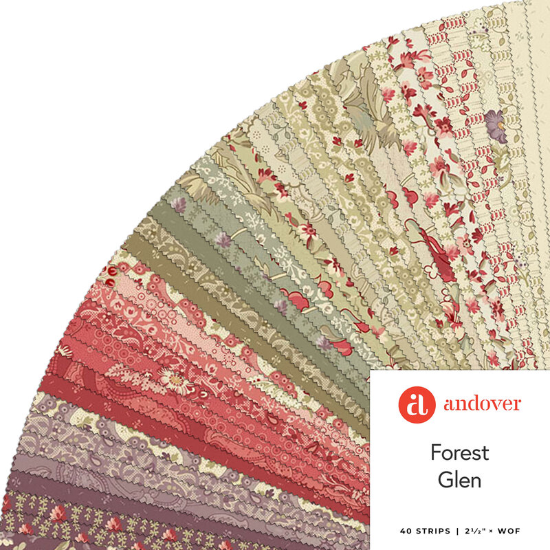 A circular display of fabric strips in floral patterns and earthy colors, labeled Forest Glen.