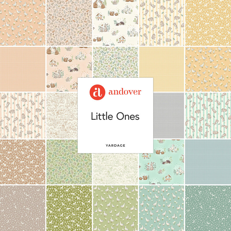 A collage of fabrics from the Little Ones collection featuring woodland prints in a soft palette of colors.
