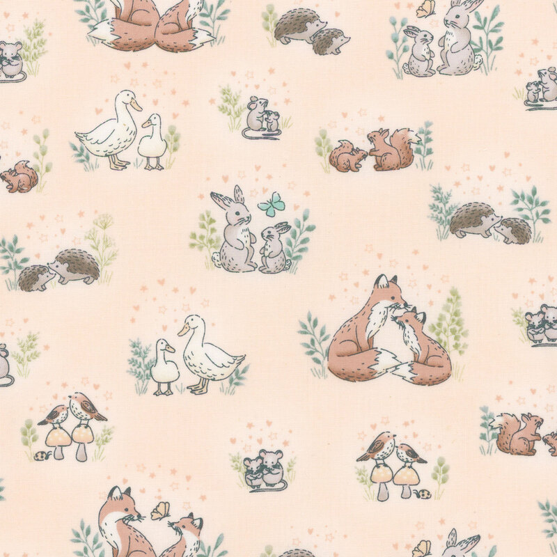 Light peach fabric featuring various cute animals like foxes, rabbits, ducks, and hedgehogs.