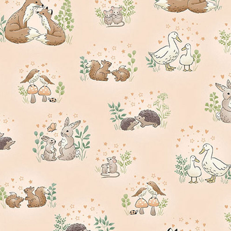 Light peach fabric featuring various cute animals like foxes, rabbits, ducks, and hedgehogs.