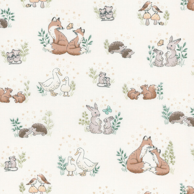 Cream fabric featuring various cute animals like foxes, rabbits, ducks, and hedgehogs.
