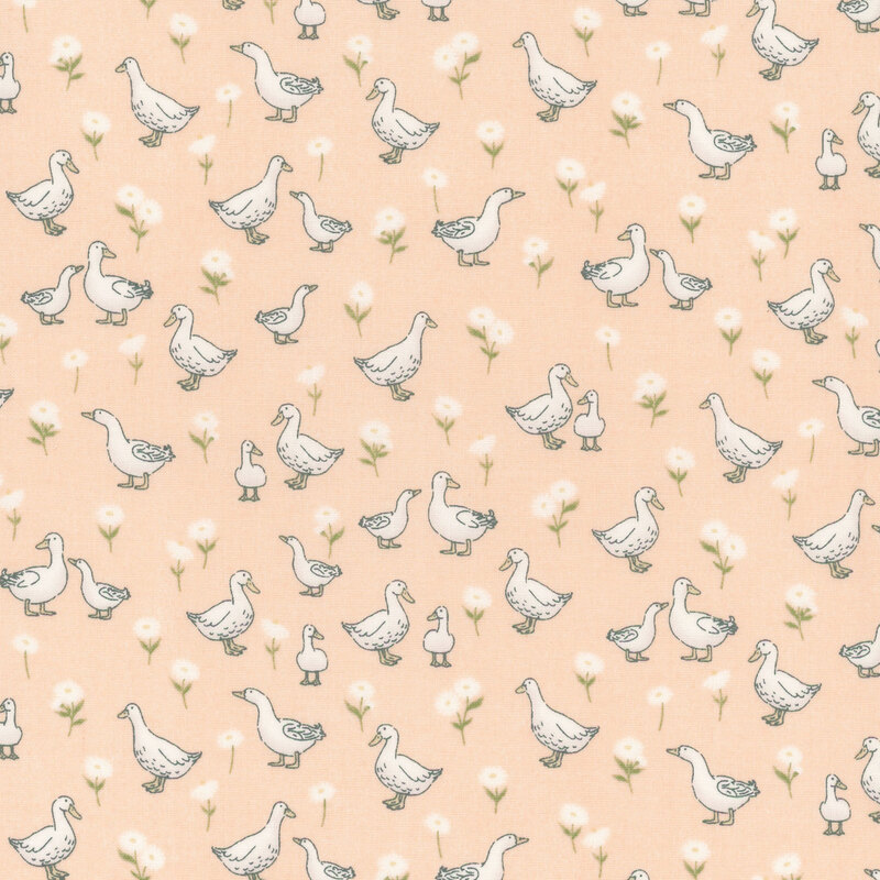 Light peach fabric featuring various white ducks and flowers.