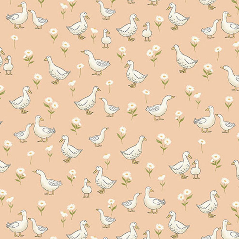 Light peach fabric featuring various white ducks and flowers.