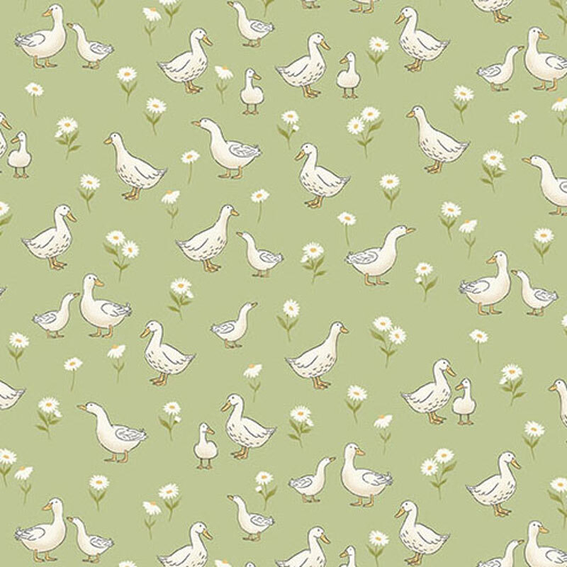 Light green fabric featuring various ducsk geese and flowers.