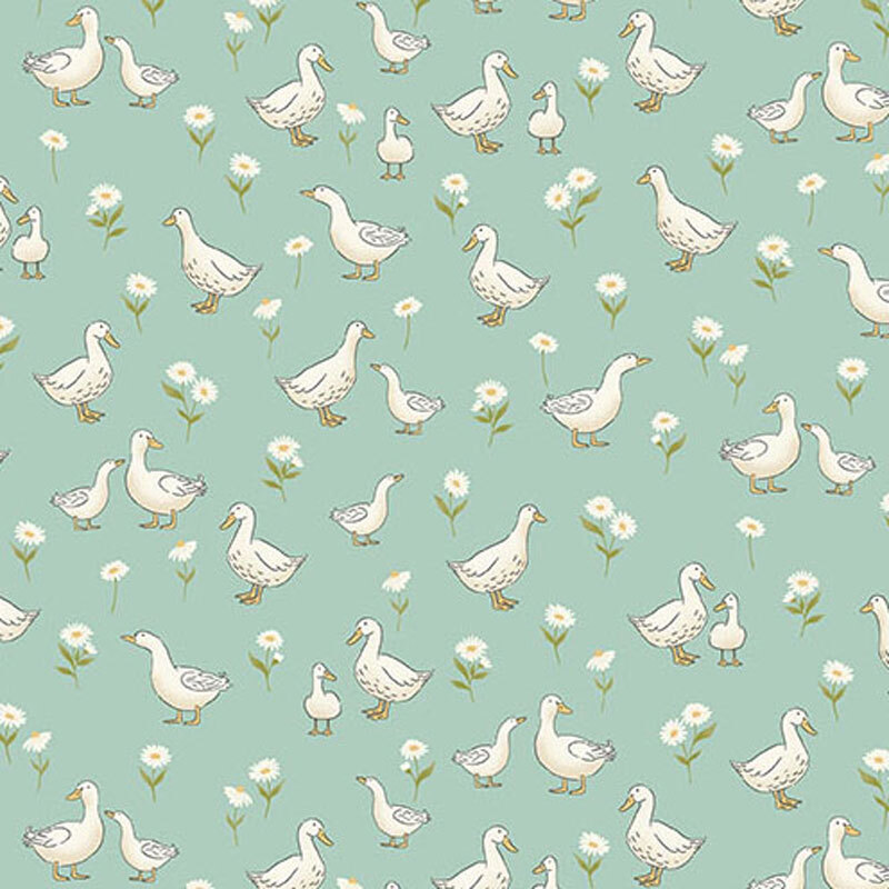 Light turquoise fabric featuring various white ducks and flowers.