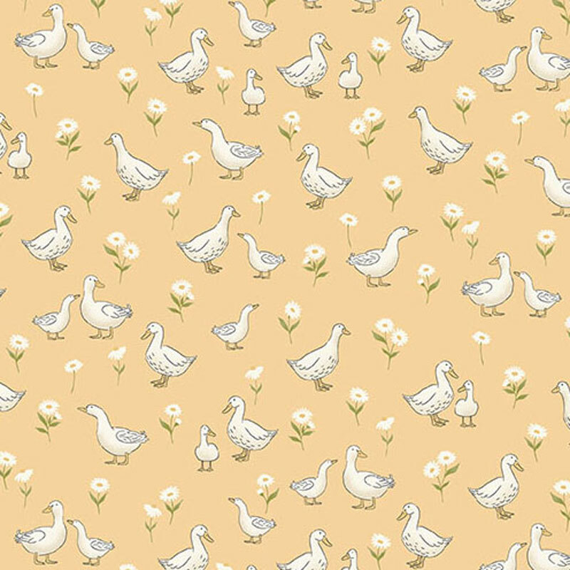 Light yellow fabric featuring various white ducks and flowers.