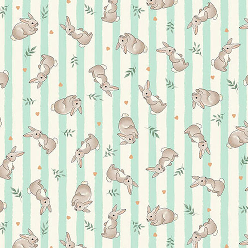 Fabric featuring gray rabbits and green leaves on a light turquoise and cream striped background.